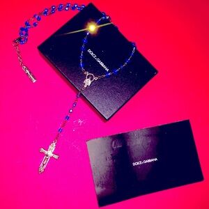 DOLCE GABBANA Jewelry Rosary Necklace blue royal silver Jesus Valentine’s Day